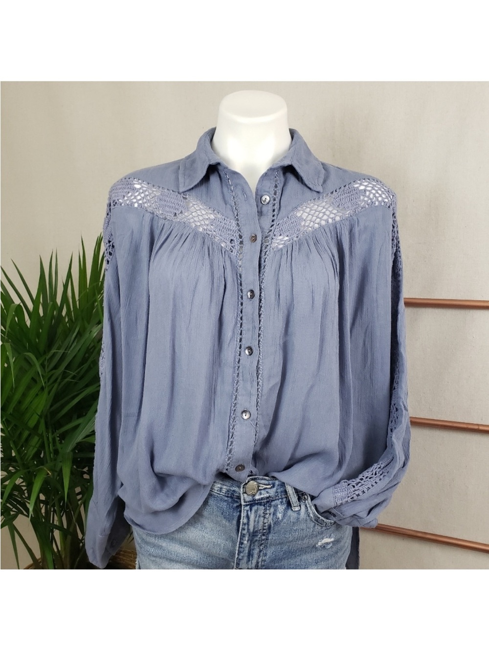 Free People Blue Lace-Inset Button-Front Women's Blouse